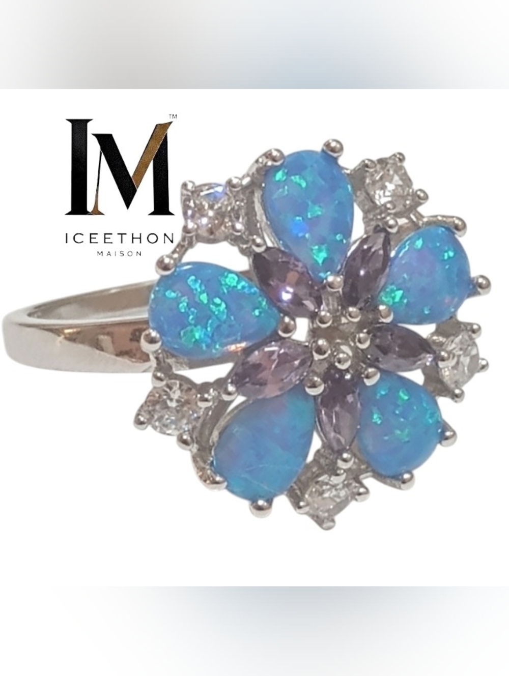 [Black Label] Amethyst, CZ & Opal Fire Women's Flower Wedding Ring Sale, Sz 10